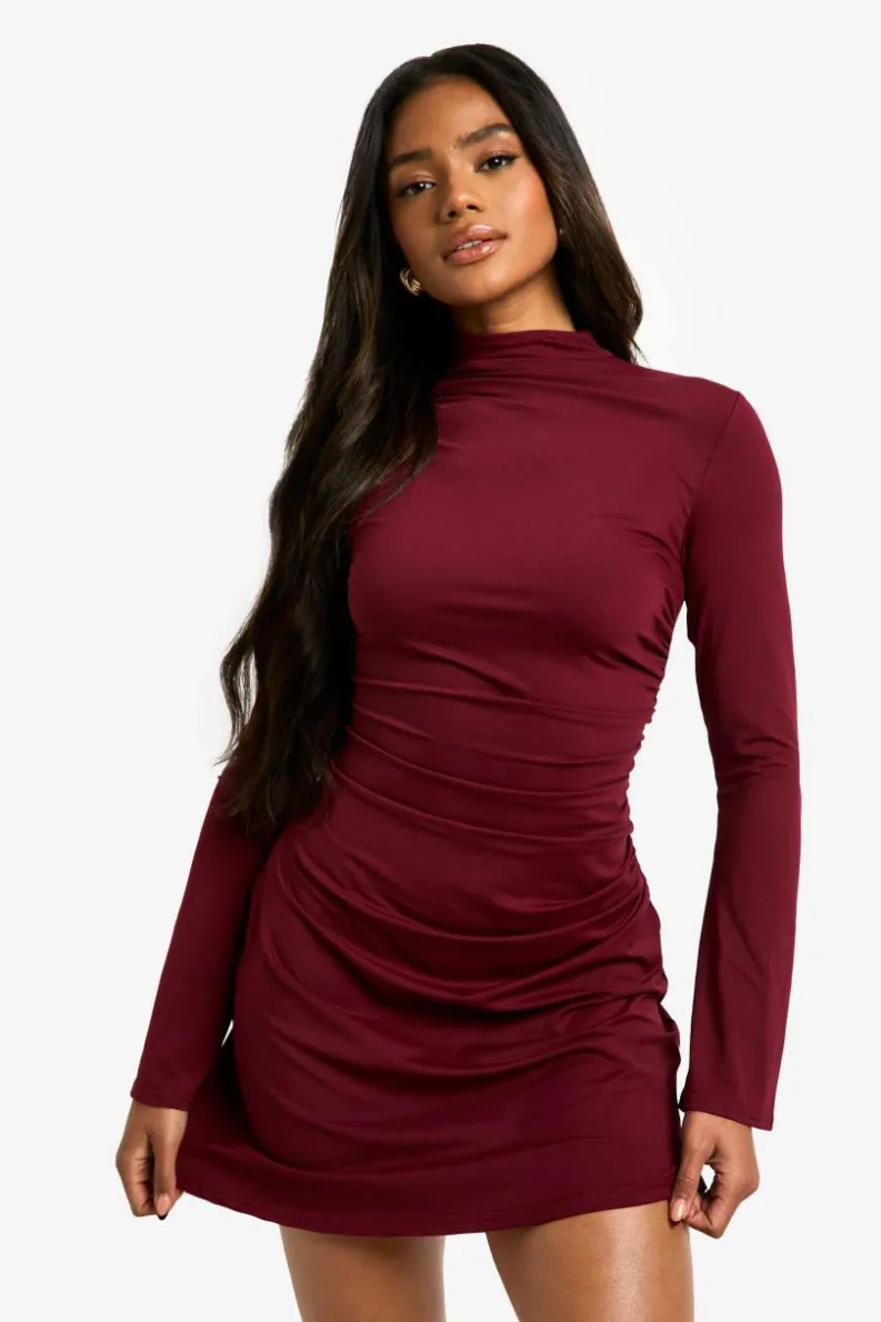 Mini Dresses|Long Sleeve Dresses*boohoo High Neck Long Sleeve Ruched Waist Shift Dress burgundy