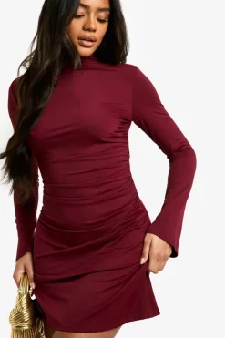 Mini Dresses|Long Sleeve Dresses*boohoo High Neck Long Sleeve Ruched Waist Shift Dress burgundy