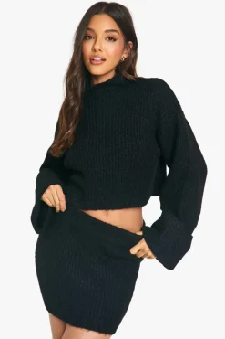 Knitted Co-Ords|Skirts*boohoo High Neck Oversized Crop Knitted Jumper And Micro Mini Skirt Set black