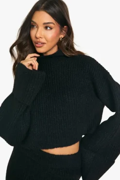Knitted Co-Ords|Skirts*boohoo High Neck Oversized Crop Knitted Jumper And Micro Mini Skirt Set black