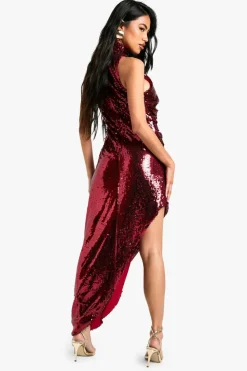 Cami Dresses|Maxi Dresses*boohoo High Neck Sequin Split Maxi Dress red