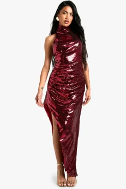 Cami Dresses|Maxi Dresses*boohoo High Neck Sequin Split Maxi Dress red