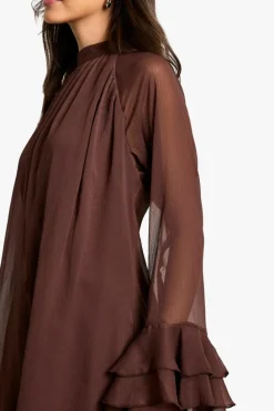 Smock Dresses|Mini Dresses*boohoo High Neck Volume Sleeve Chiffon Smock Dress chocolate