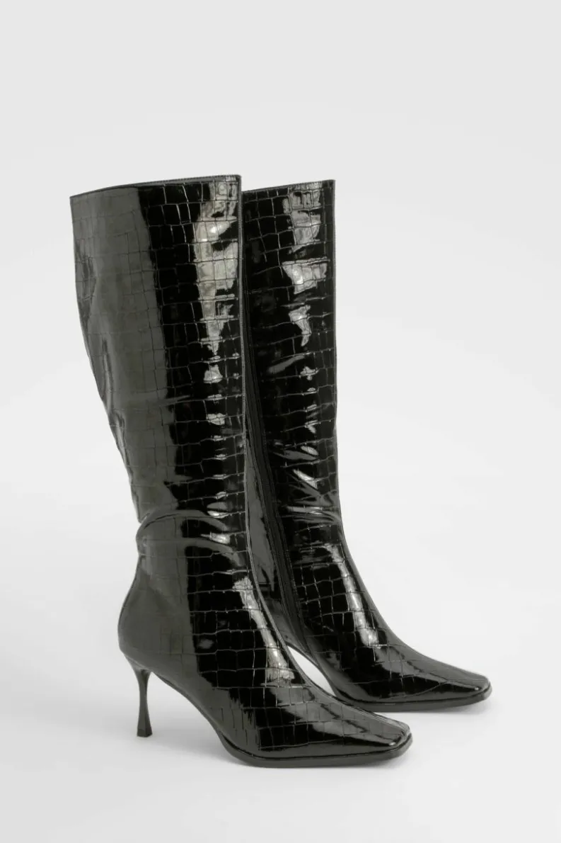 Heeled Boots|All Boots*boohoo High Shine Croc Pointed Toe Heeled Boots black
