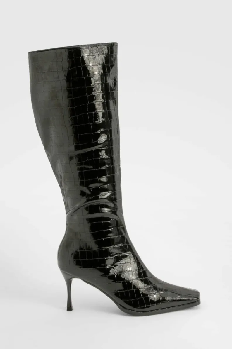 Heeled Boots|All Boots*boohoo High Shine Croc Pointed Toe Heeled Boots black