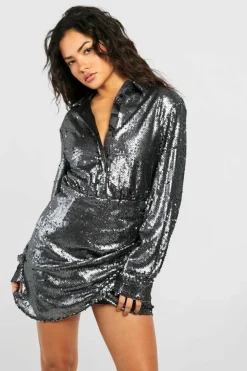 Shirt Dresses*boohoo Holographic Sequin Drape Shirt Party Dress gun metal