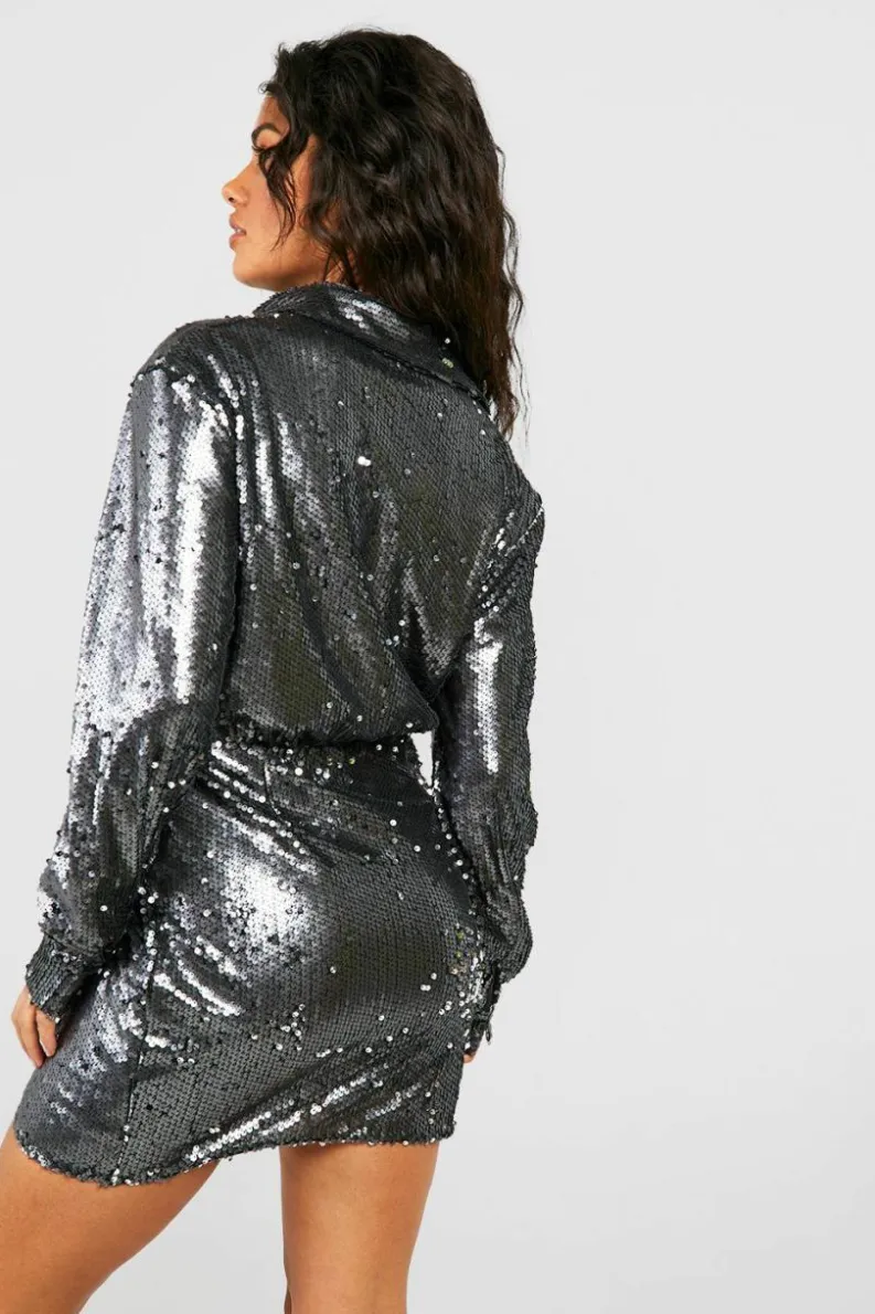 Shirt Dresses*boohoo Holographic Sequin Drape Shirt Party Dress gun metal