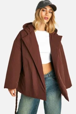 Up To 80% Off Winter Warmers|Puffer Jackets*boohoo Hooded Belted Puffer Jacket chocolate
