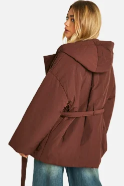 Up To 80% Off Winter Warmers|Puffer Jackets*boohoo Hooded Belted Puffer Jacket chocolate