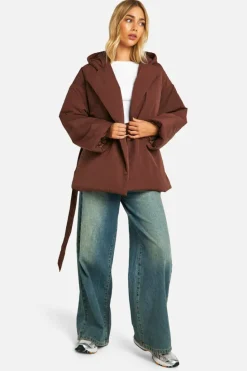 Up To 80% Off Winter Warmers|Puffer Jackets*boohoo Hooded Belted Puffer Jacket chocolate