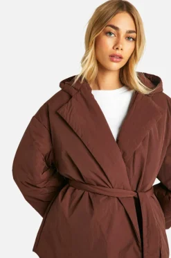 Up To 80% Off Winter Warmers|Puffer Jackets*boohoo Hooded Belted Puffer Jacket chocolate