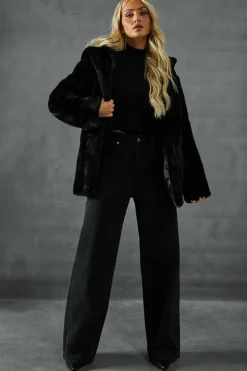 Heels|Faux Fur Coats*MissPap Hooded Faux Fur Coat black