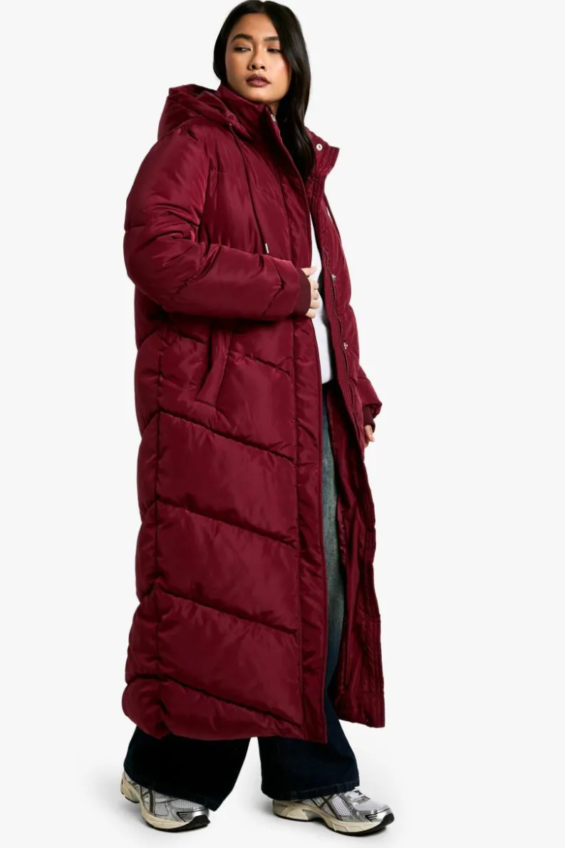 Up To 80% Off Winter Warmers|Puffer Jackets*boohoo Hooded Maxi Length Puffer wine