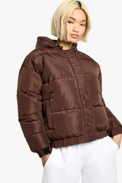 Up To 80% Off Winter Warmers|Puffer Jackets*boohoo Hooded Puffer Jacket chocolate