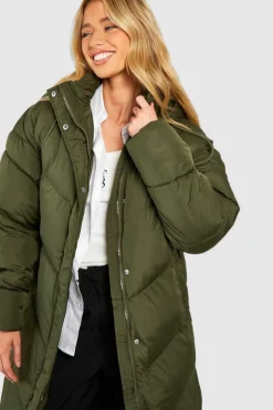 Up To 80% Off Winter Warmers|Puffer Jackets*boohoo Hooded Quilt Detail Maxi Puffer khaki