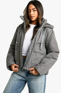 Up To 80% Off Winter Warmers|Puffer Jackets*boohoo Hooded Short Puffer Jacket charcoal