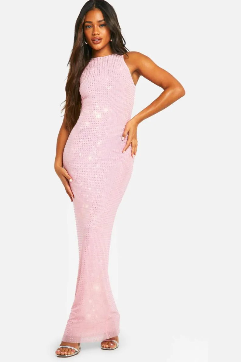 Cami Dresses*boohoo Hotfix Diamante Racer Neck Maxi Dress pale pink