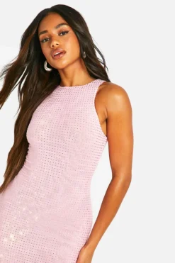 Cami Dresses*boohoo Hotfix Diamante Racer Neck Maxi Dress pale pink