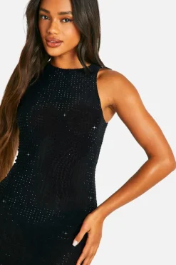 Cami Dresses|Maxi Dresses*boohoo Hotfix Diamante Racer Neck Maxi Dress black
