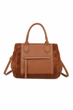 Tote Bags*Kitise 2In1 Large Front Zip Pocket Fluffy Soft Tote Handbag Detachable Strap andMatching Large Pouch Purse Brown