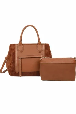 Tote Bags*Kitise 2In1 Large Front Zip Pocket Fluffy Soft Tote Handbag Detachable Strap andMatching Large Pouch Purse Brown