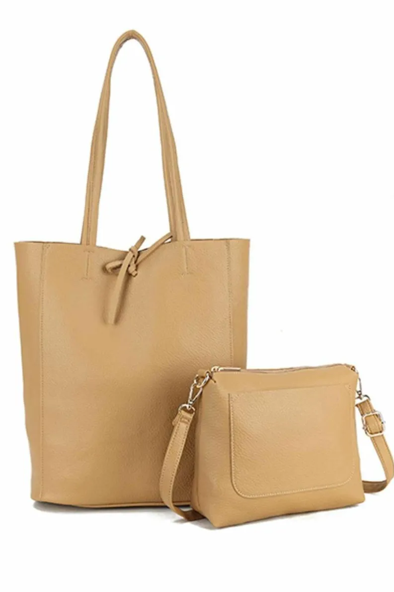 Tote Bags*Kitise 2in1 Set Large Slouch Tie Closure Tote Bag with Purse Bag Beige