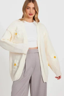 Cardigans*Quiz Knitted Floral Cardigan Ivory