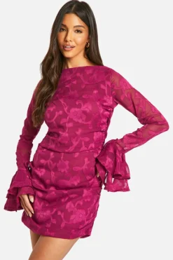 Mini Dresses|Long Sleeve Dresses*boohoo Jacquard Floral Ruffle Mini Dress plum