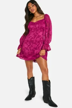 Smock Dresses*boohoo Jacquard Floral Ruffle Milkmaid Dress plum
