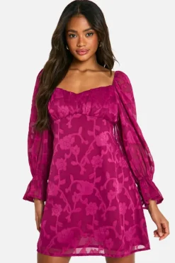 Smock Dresses*boohoo Jacquard Floral Ruffle Milkmaid Dress plum