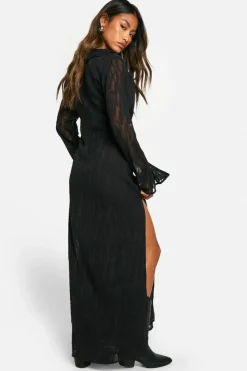 Maxi Dresses|Long Sleeve Dresses*boohoo Jacquard Frill Side Split Maxi Dress black