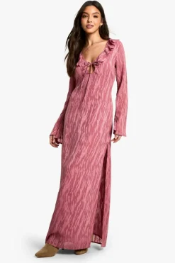 Maxi Dresses|Long Sleeve Dresses*boohoo Jacquard Frill Side Split Maxi Dress dusky pink