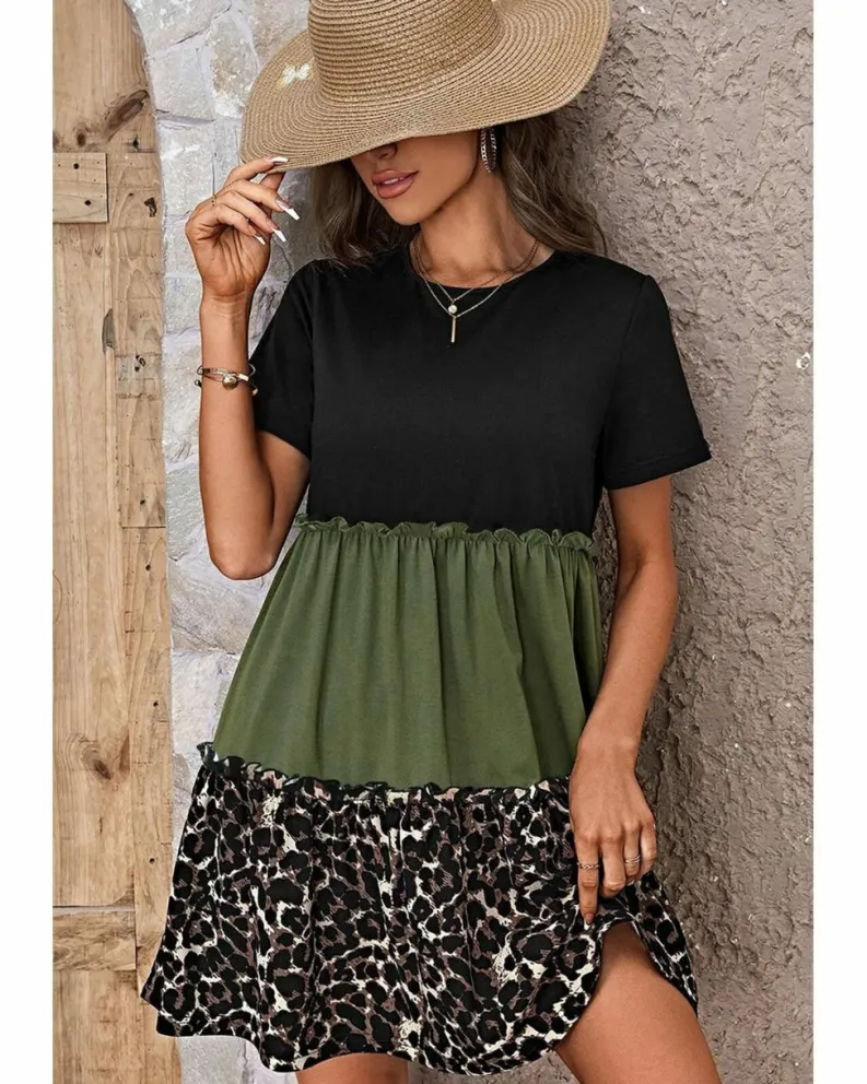 Shirt Dresses|T-Shirt Dresses*Azura Exchange Jungle Green Leopard Print Colorblock Frill Trim T-shirt Dress Multi
