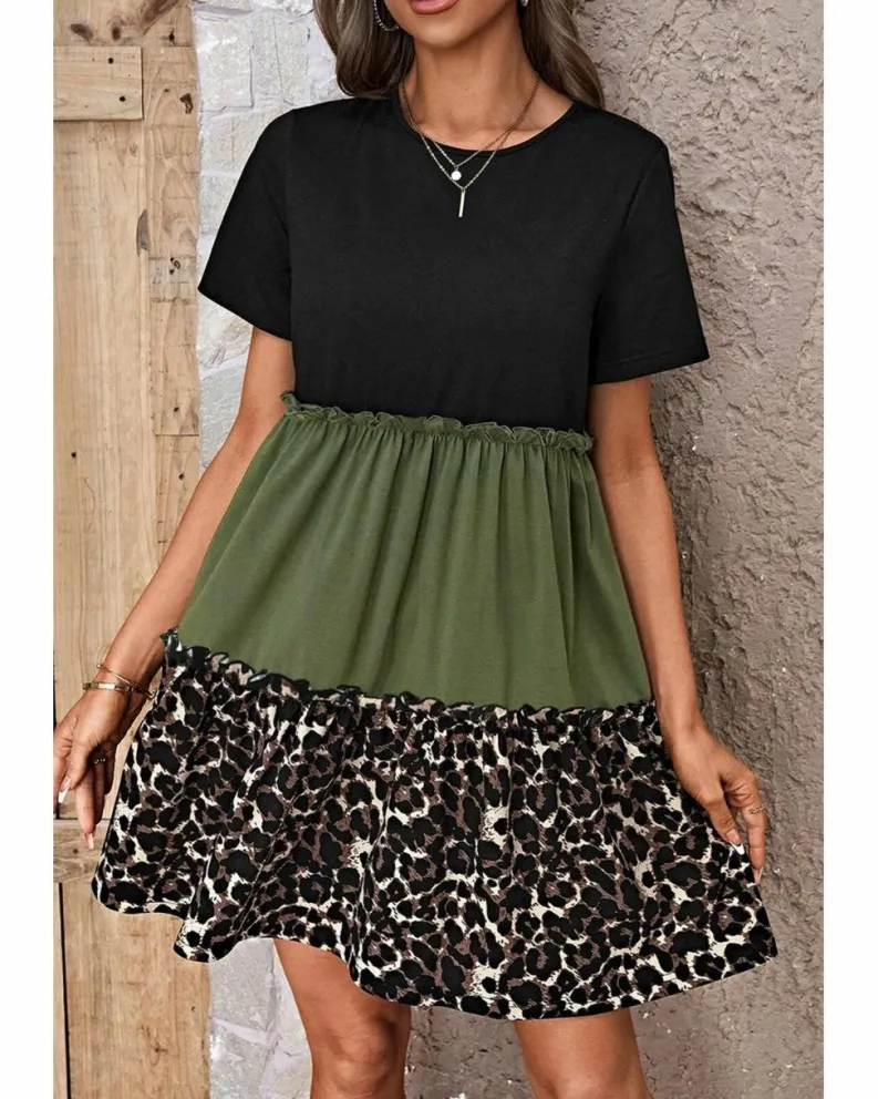 Shirt Dresses|T-Shirt Dresses*Azura Exchange Jungle Green Leopard Print Colorblock Frill Trim T-shirt Dress Multi