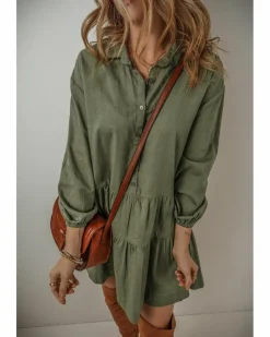 Shirt Dresses*Azura Exchange Jungle Green Puff Sleeve Buttoned Tiered Pleated Shirt Mini Dress Multi