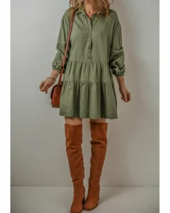 Shirt Dresses*Azura Exchange Jungle Green Puff Sleeve Buttoned Tiered Pleated Shirt Mini Dress Multi