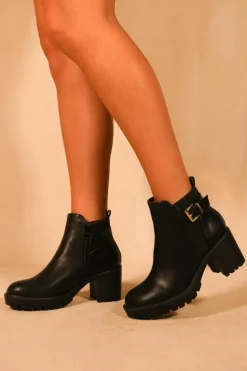 Heeled Boots|Ankle Boots*Where's That From Kali' Mid Block Heel With Buckle Detail Stretch Ankle Boots Black