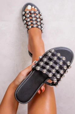 Sandals*Where's That From Kellie' Wide Fit Slider Sandals With Caged Studded Detailing Black