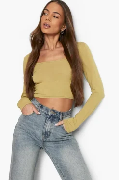 Long Sleeve Tops*boohoo Basic Longsleeve Scoop Neck Top khaki