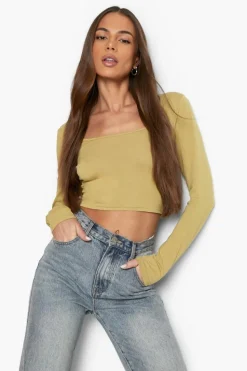 Long Sleeve Tops*boohoo Basic Longsleeve Scoop Neck Top khaki