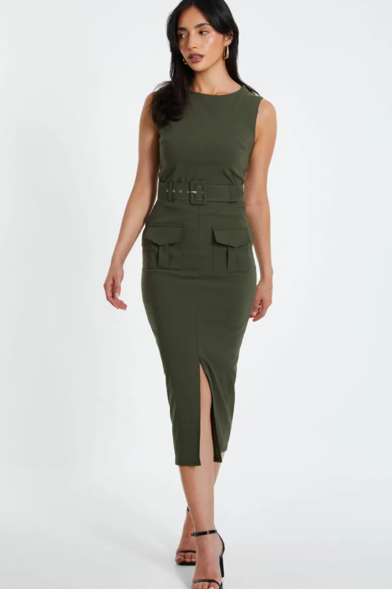 Midi Dresses*Quiz Cargo Split Front Midi Dress Khaki