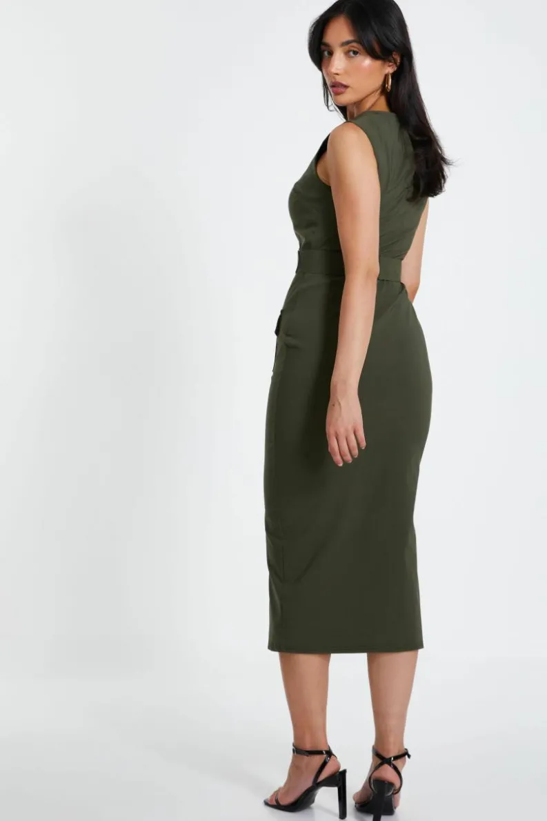 Midi Dresses*Quiz Cargo Split Front Midi Dress Khaki