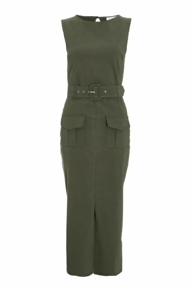 Midi Dresses*Quiz Cargo Split Front Midi Dress Khaki