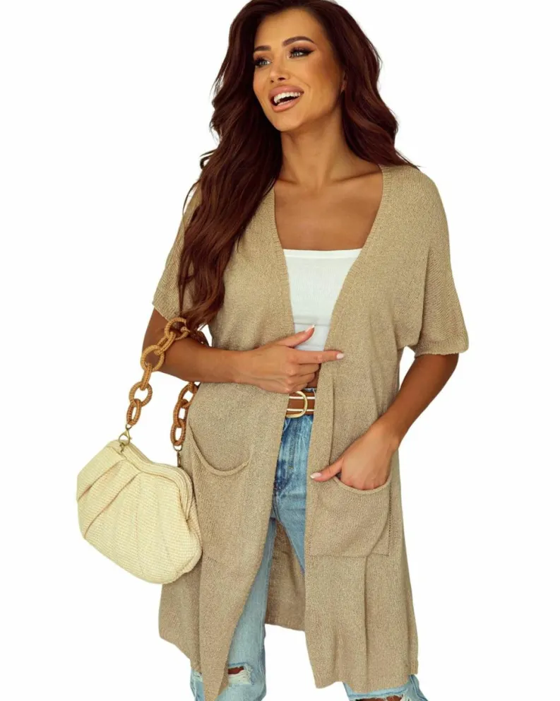 Cardigans*Azura Exchange Dolman Half Sleeve Pocketed Long Cardigan Khaki