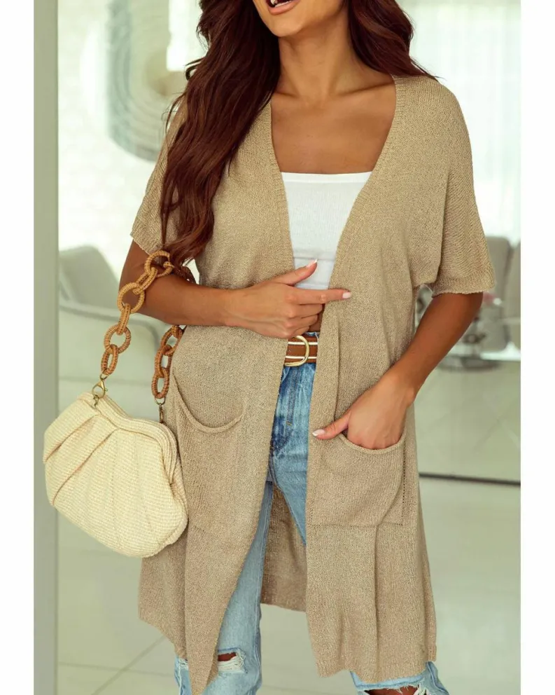 Cardigans*Azura Exchange Dolman Half Sleeve Pocketed Long Cardigan Khaki