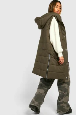 Up To 80% Off Winter Warmers|Long Coats*boohoo Longline Hooded Gilet khaki