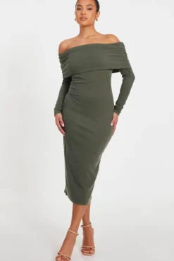 Midi Dresses*Quiz Petite Ribbed Bardot Midi Dress Khaki