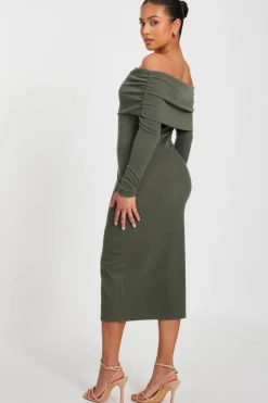 Midi Dresses*Quiz Petite Ribbed Bardot Midi Dress Khaki