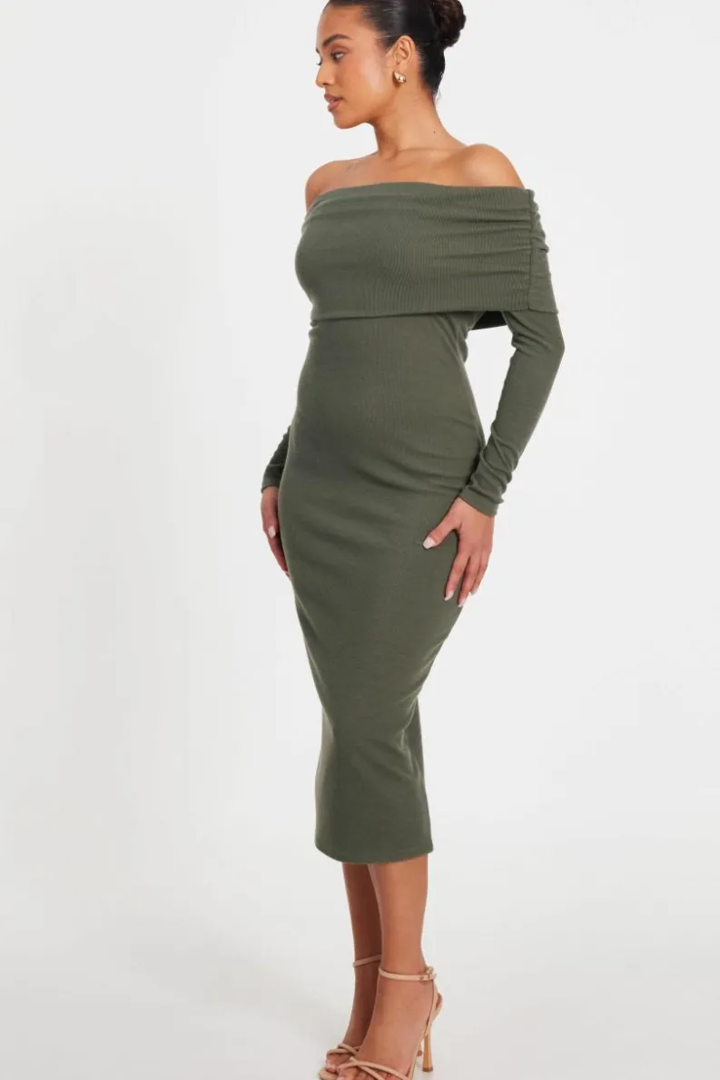 Midi Dresses*Quiz Petite Ribbed Bardot Midi Dress Khaki
