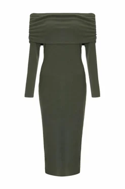 Midi Dresses*Quiz Petite Ribbed Bardot Midi Dress Khaki